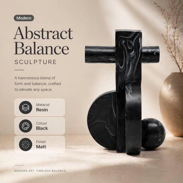 Modern Abstract Balance Sculpture in Black Matte Polyresin