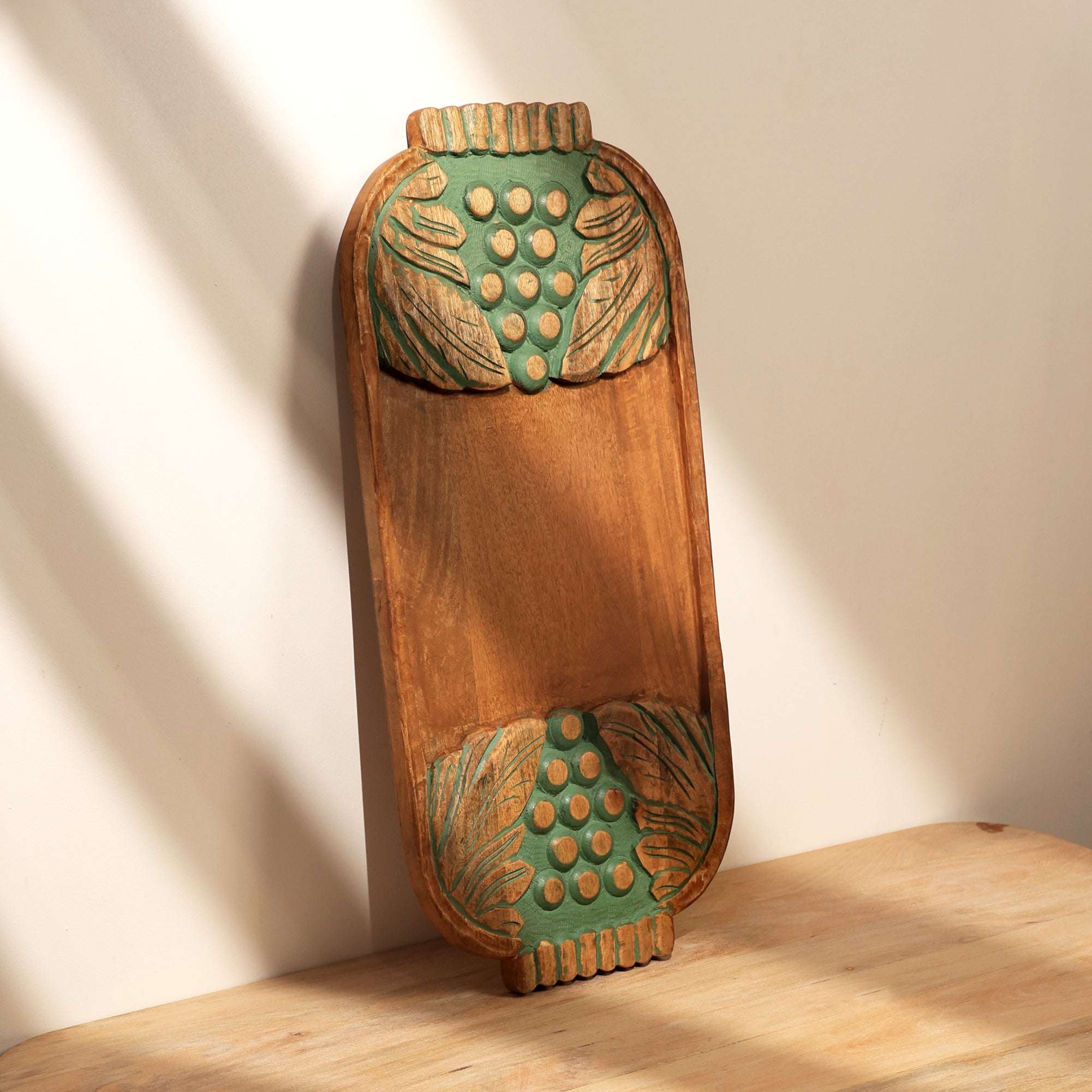 Handcrafted Green Wash Carved Grapes Wooden Serving Board | Rustic Charcuterie & Cheese Platter
