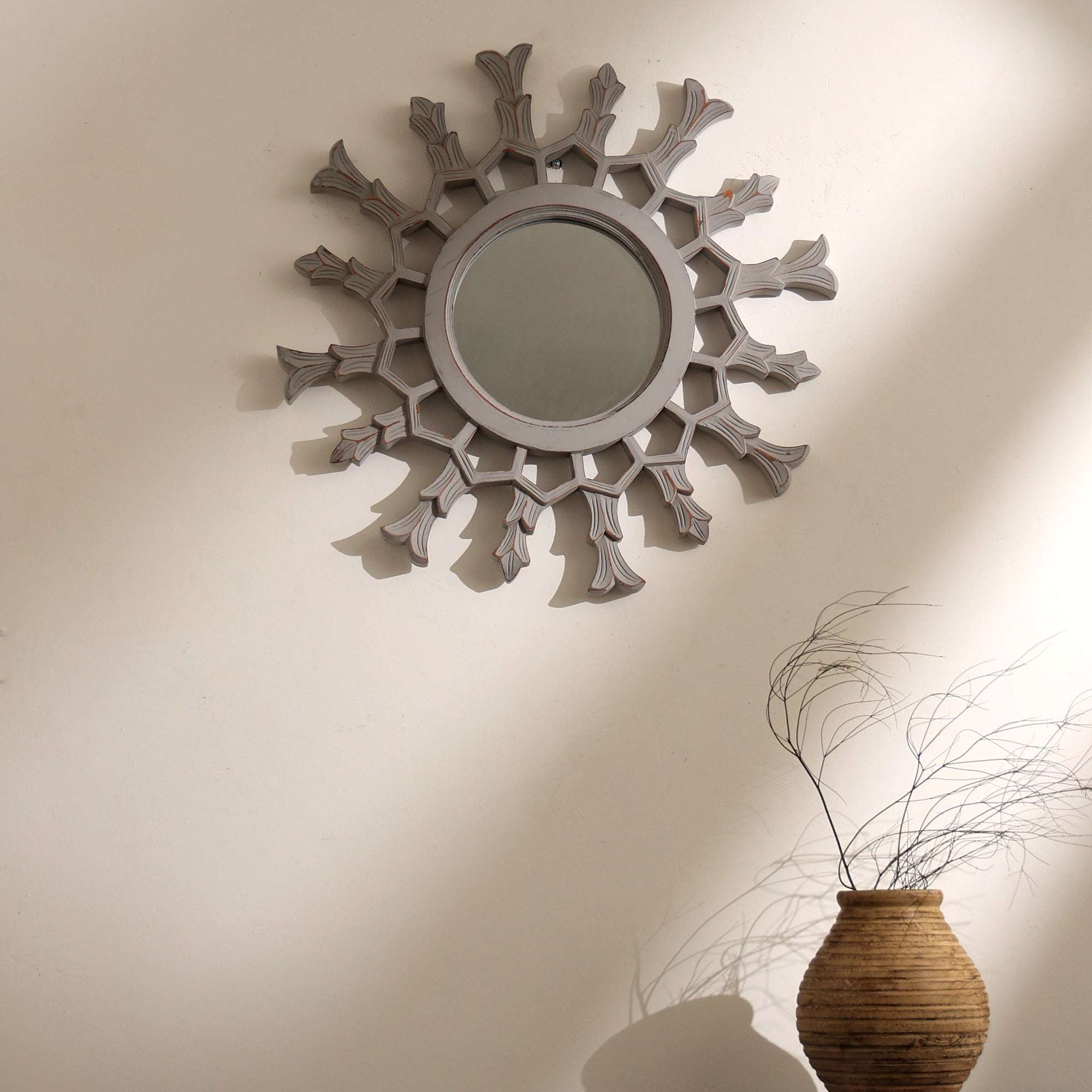 Hand-Carved Metallic Wooden Sunburst Wall Mirror - Decorative Statement Mirror for Living Room, Entryway & Bedroom Decor