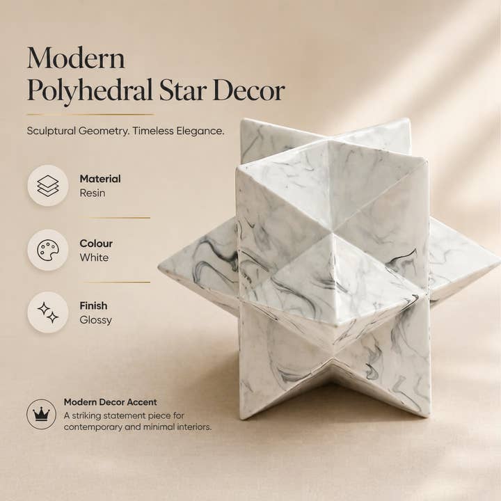 Modern Polyhedral Star Décor in White Glossy Polyresin
