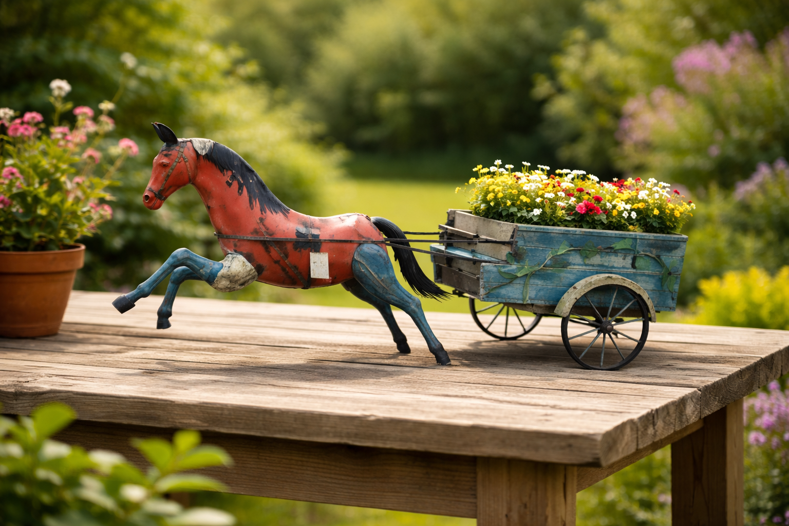 RECYCLED IRON HORSE WITH PLANTER