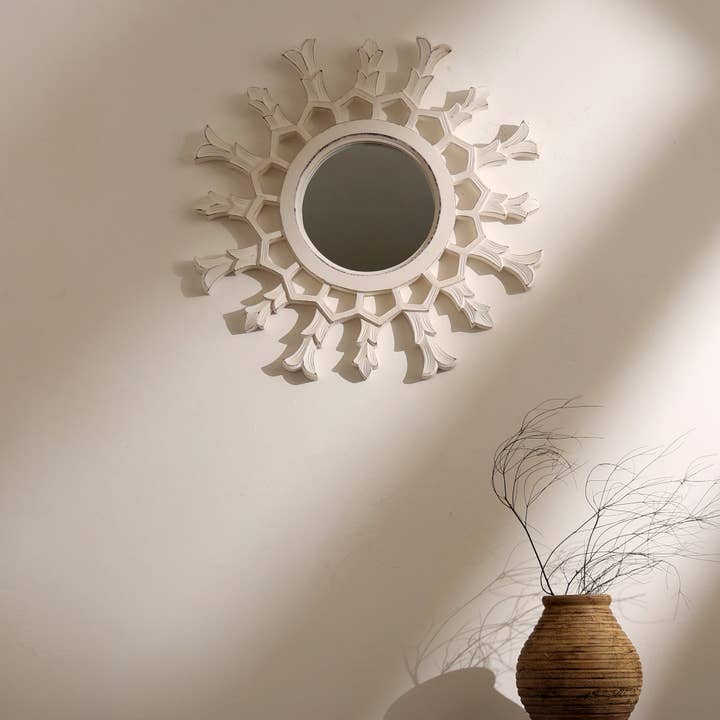 Hand-Carved Metallic Wooden Sunburst Wall Mirror - Decorative Statement Mirror for Living Room, Entryway & Bedroom Decor