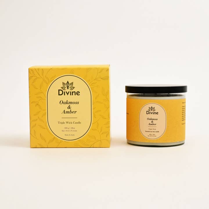 Oakmoss & Amber Triple Wick Glass Candle – Premium Earthy Scented Candle for Home Décor