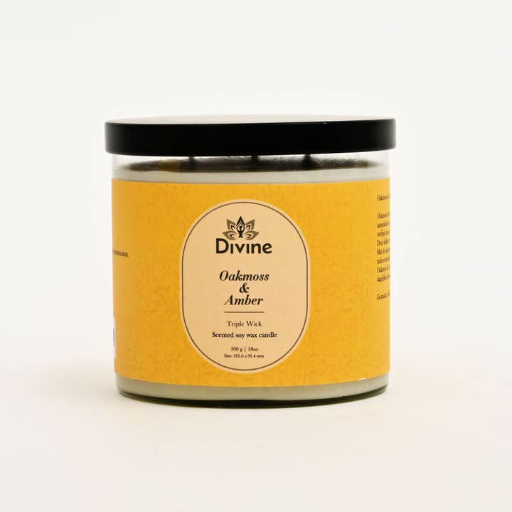 Oakmoss & Amber Triple Wick Glass Candle – Premium Earthy Scented Candle for Home Décor