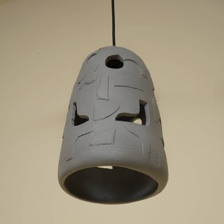Handmade Petros Hanging Lamp – Elongated Grey Papier-Mâché Pendant Light