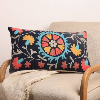 Indigo Aari Embroidered Cotton Cushion 35 x 60 cm