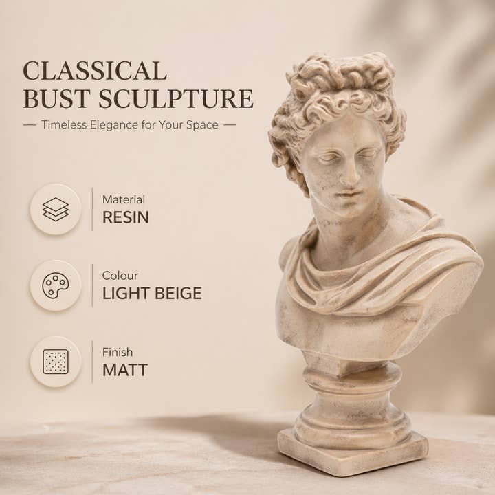 Beige Classical Greco-Roman Bust Sculpture – Resin Decorative Accent, 18.8 x 14 x 30 cm