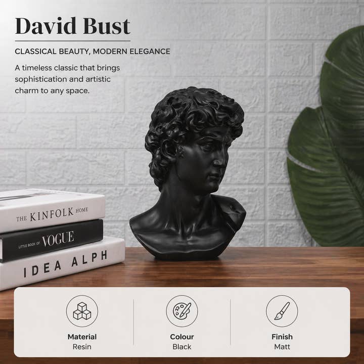 Black Monochrome Classical Bust Sculpture in Matte Resin
