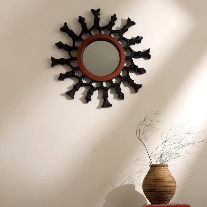 Hand-Carved Metallic Wooden Sunburst Wall Mirror - Decorative Statement Mirror for Living Room, Entryway & Bedroom Decor