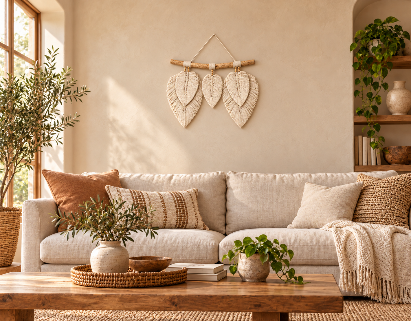 Macramé wandhanger bladeren naturel