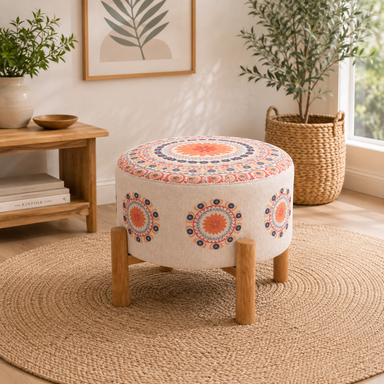 Embroidered Mandala Cotton Pouf Stool with Wooden Legs