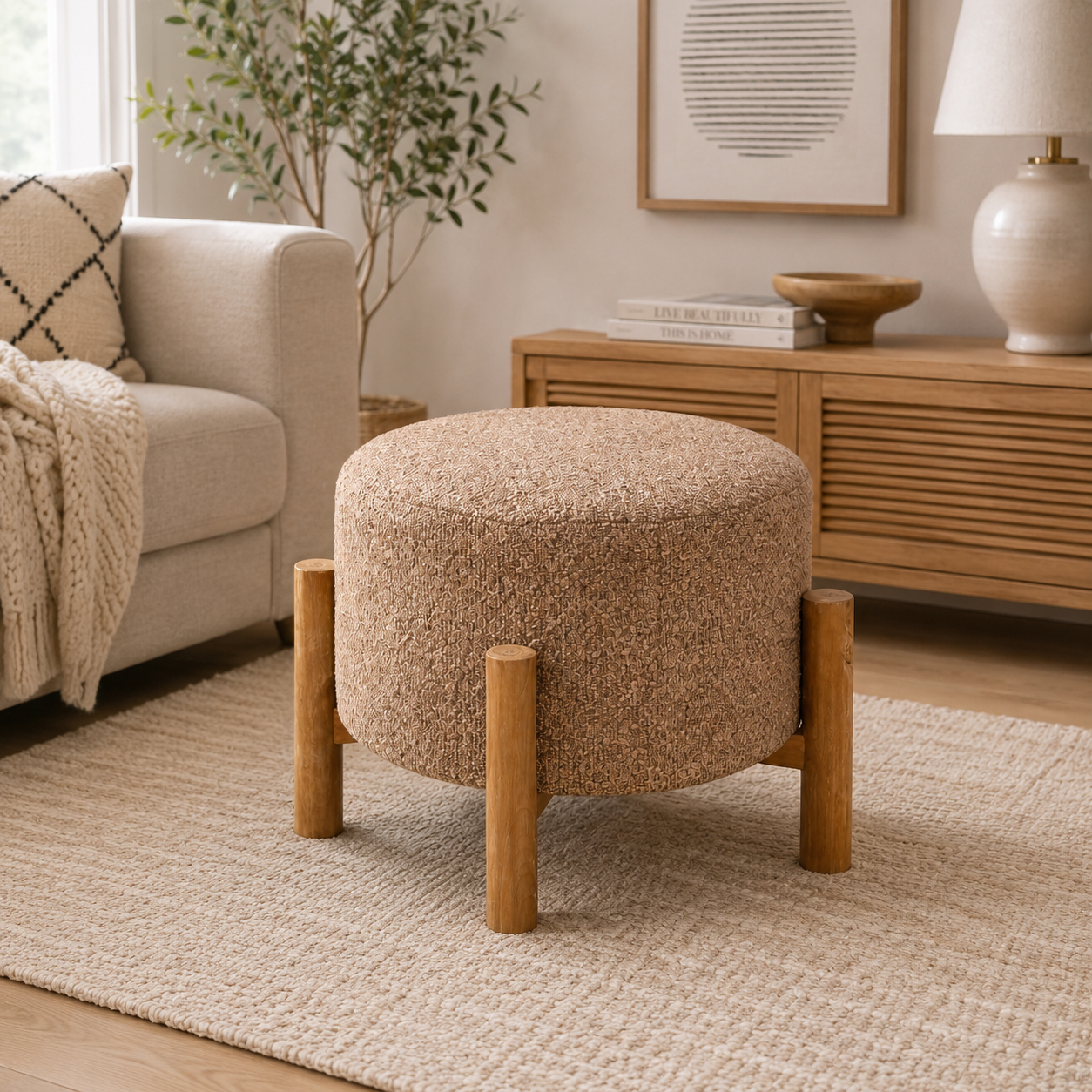Brown Boucle Round Stool with Wooden Legs 40 cm