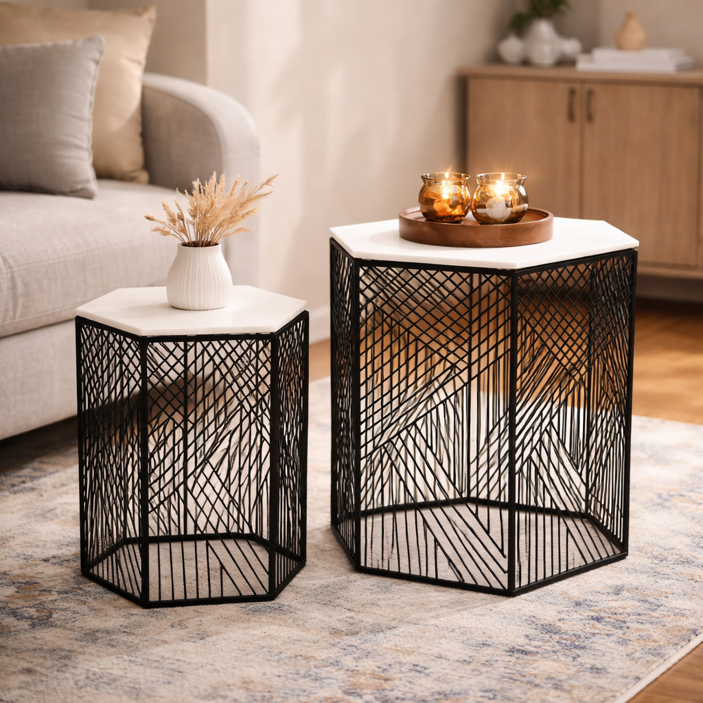 Hexagonal Wire Marble Table Set of 2