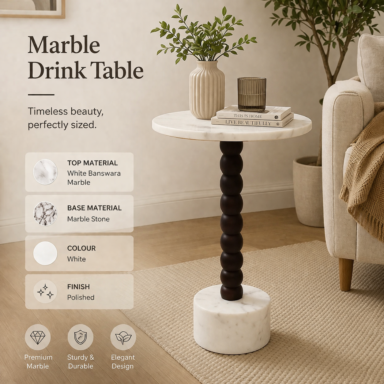 Marble Wood Drink Table with Marble Top