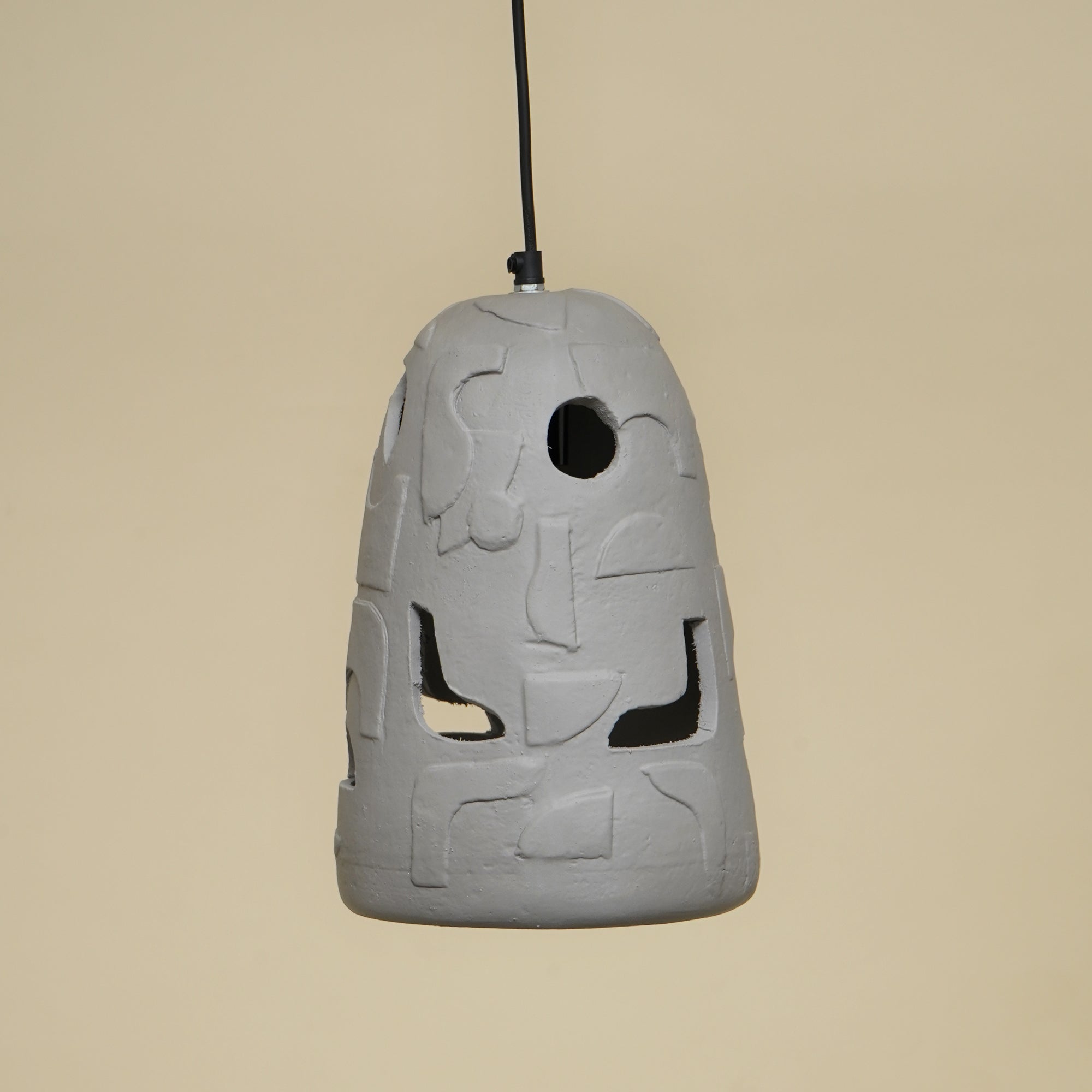 Handmade Petros Hanging Lamp – Elongated Grey Papier-Mâché Pendant Light