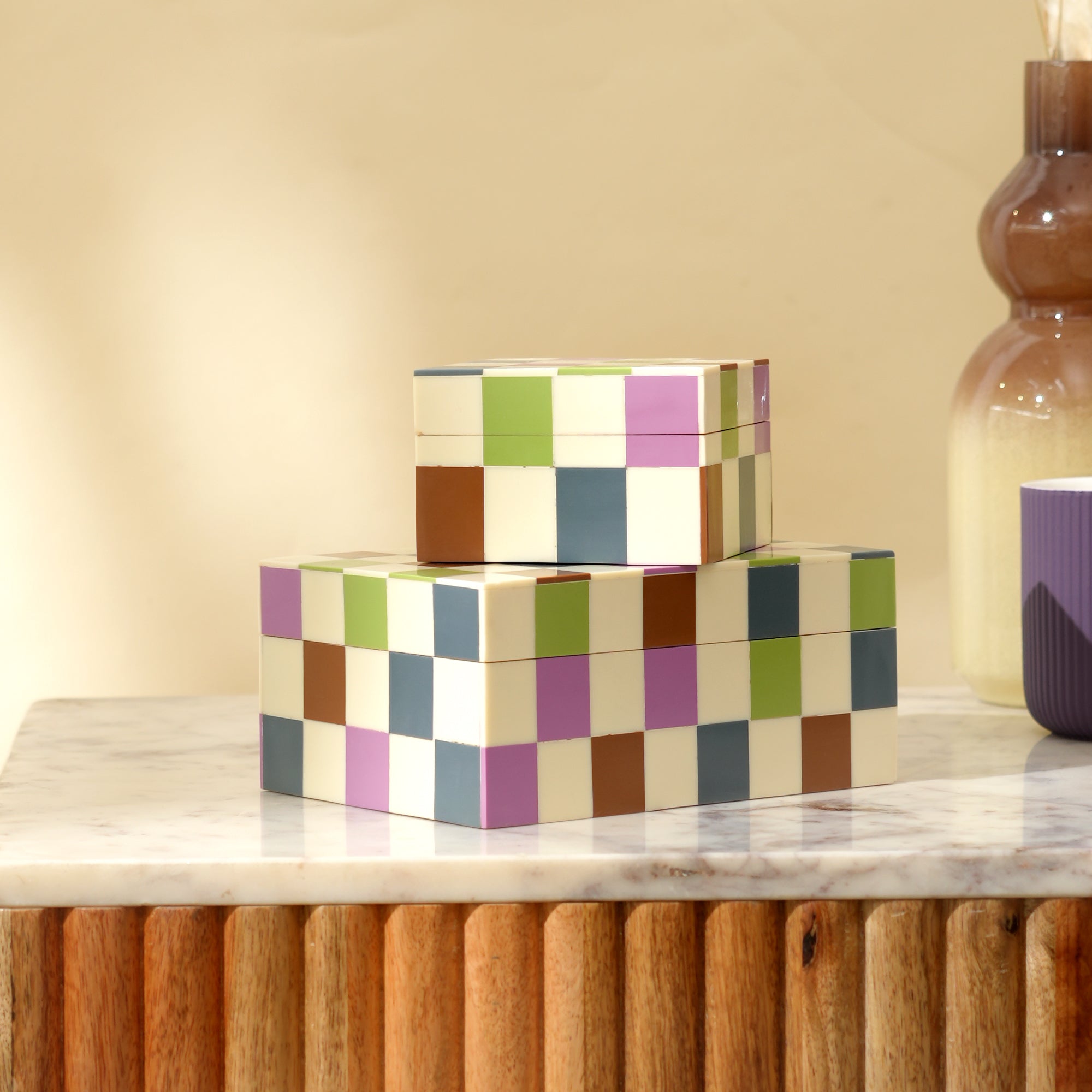 Checkered Resin Storage Box 4x4 Inch Modern MDF Décor