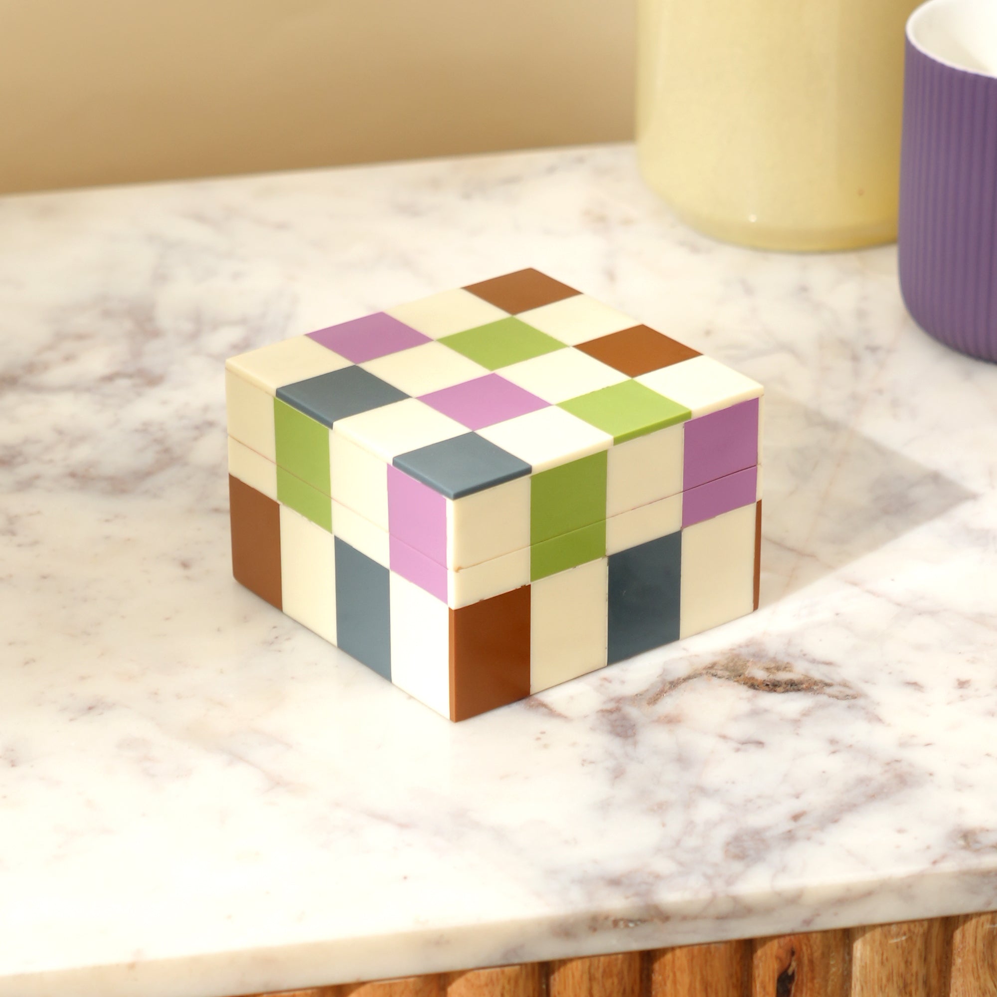 Checkered Resin Storage Box 4x4 Inch Modern MDF Décor