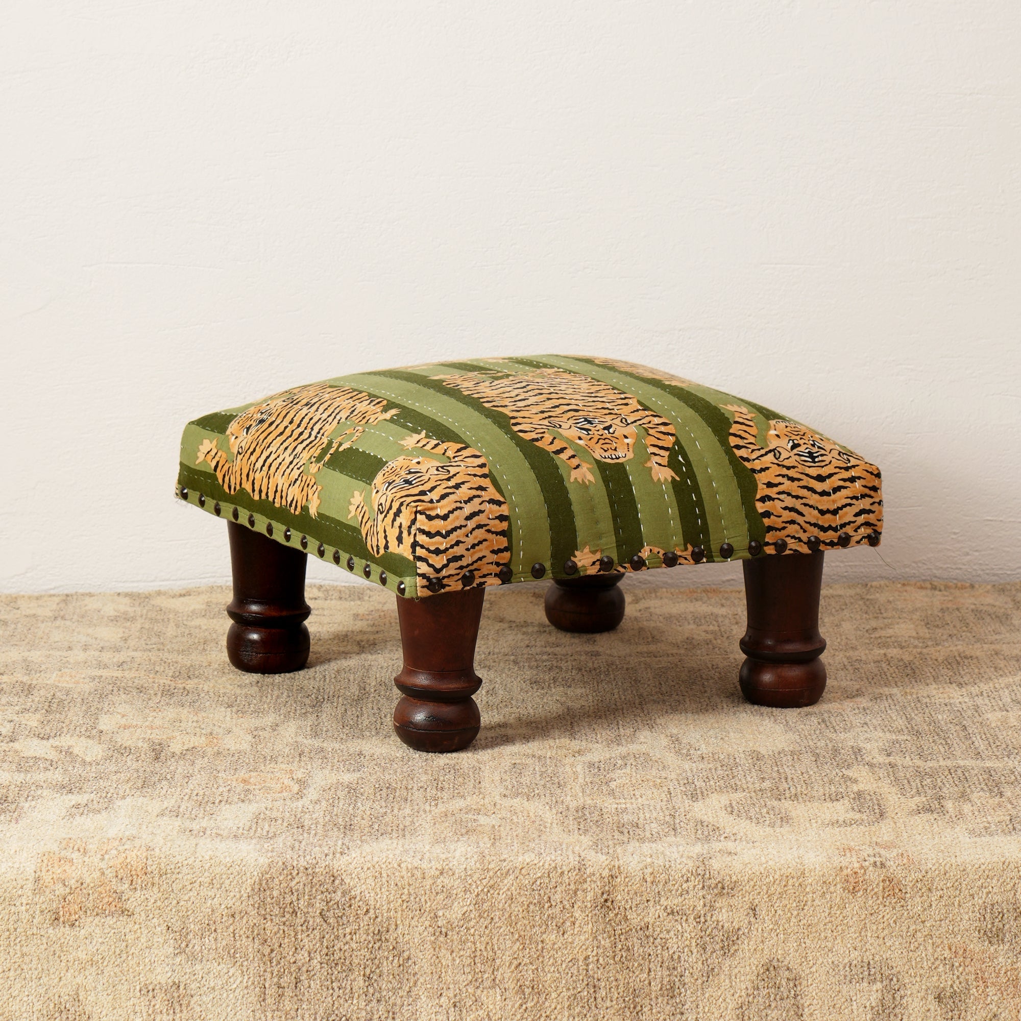 Jungle Stripe Cotton Footstool with Wooden Legs – Green