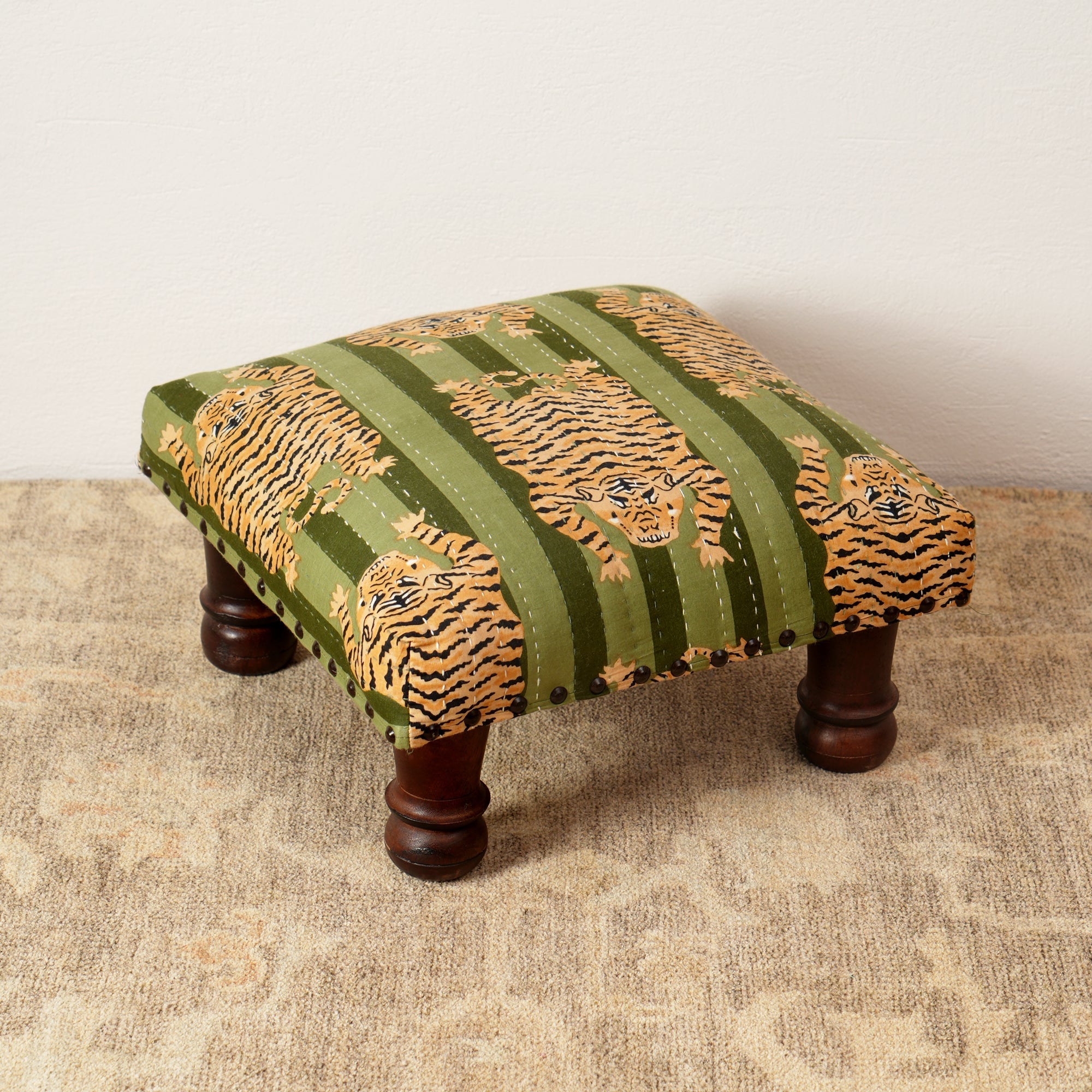 Jungle Stripe Cotton Footstool with Wooden Legs – Green