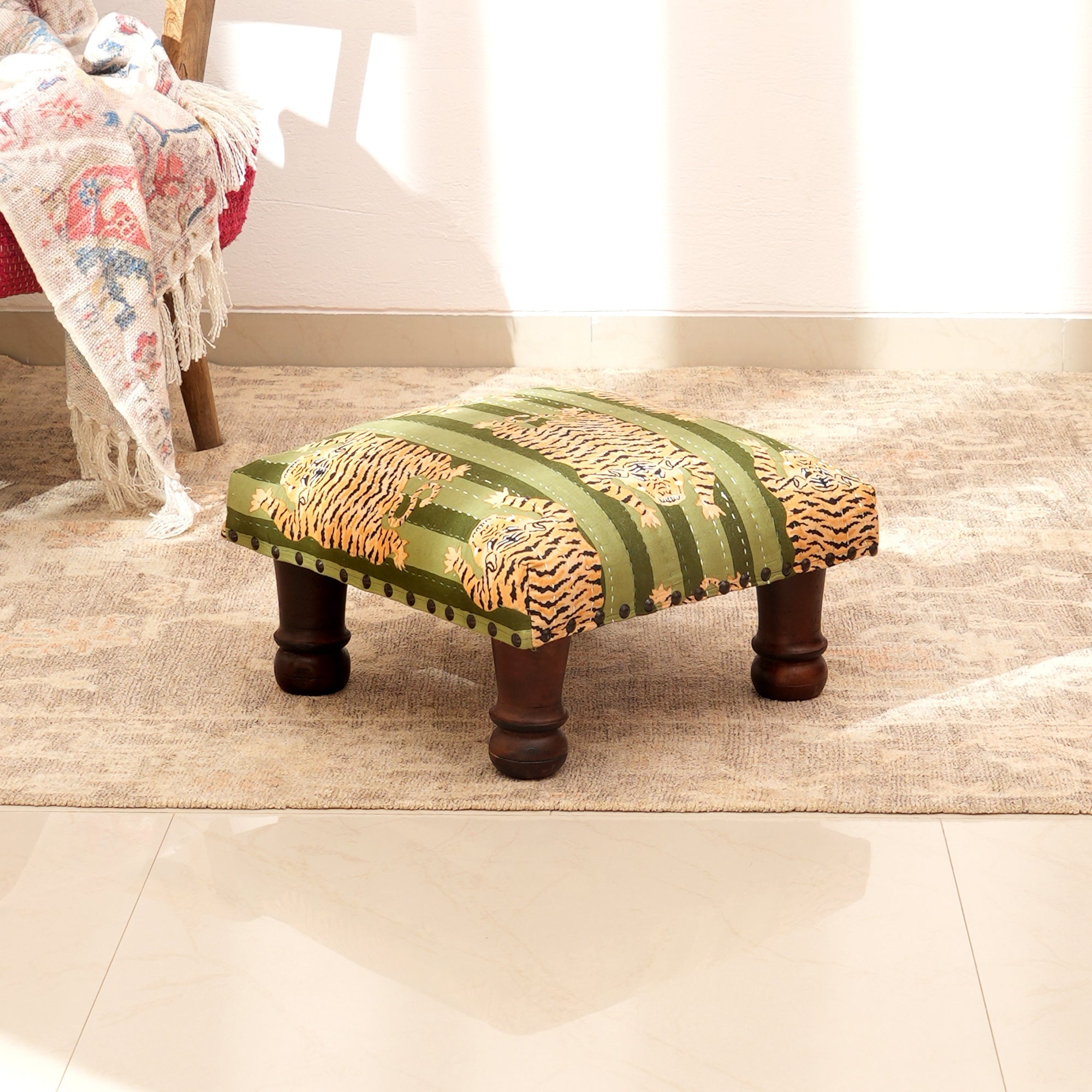 Jungle Stripe Cotton Footstool with Wooden Legs – Green