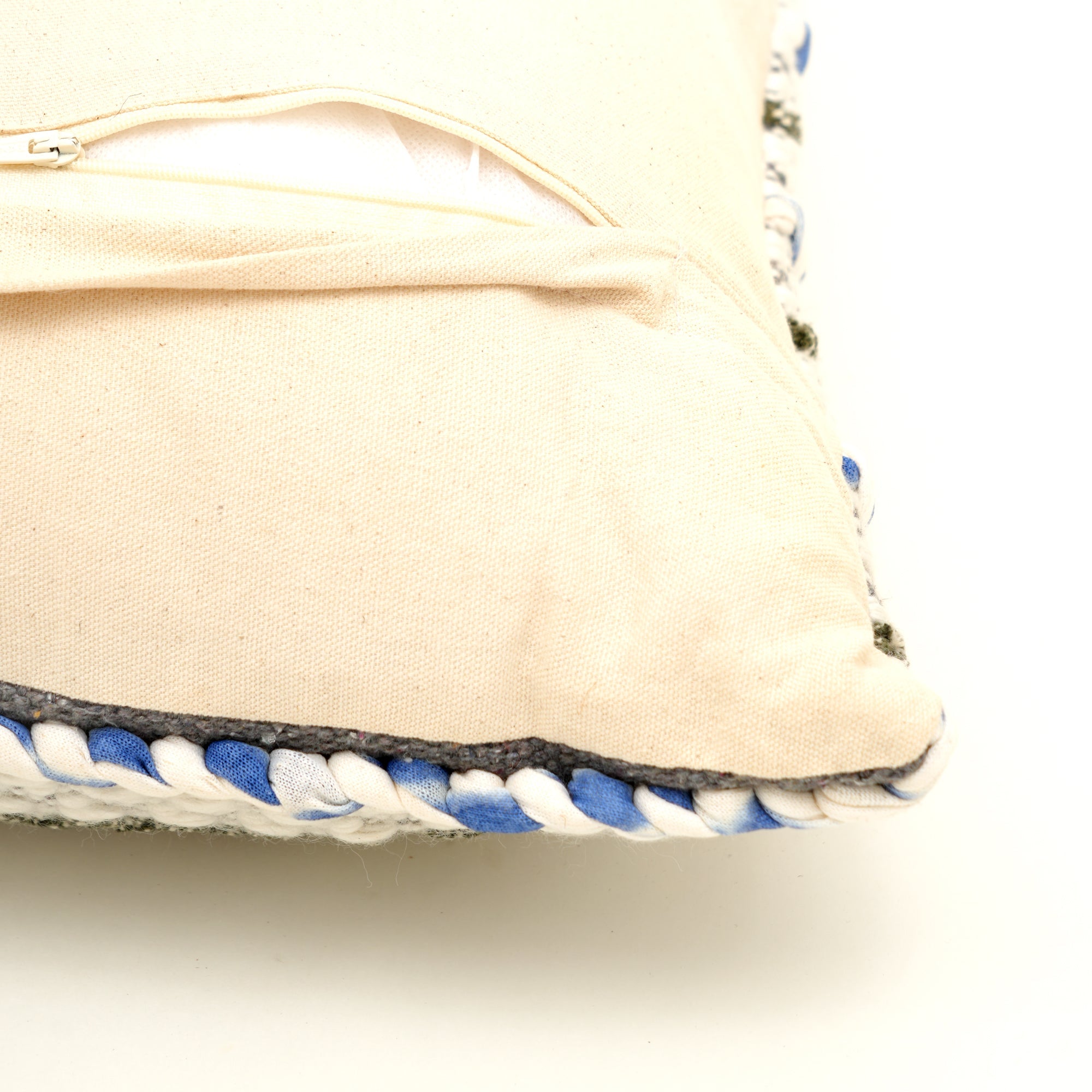 Ivory/Blue/Charcoal Handwoven Cushion – Decorative Throw Pillow for Sofa, Armchair, and Bed