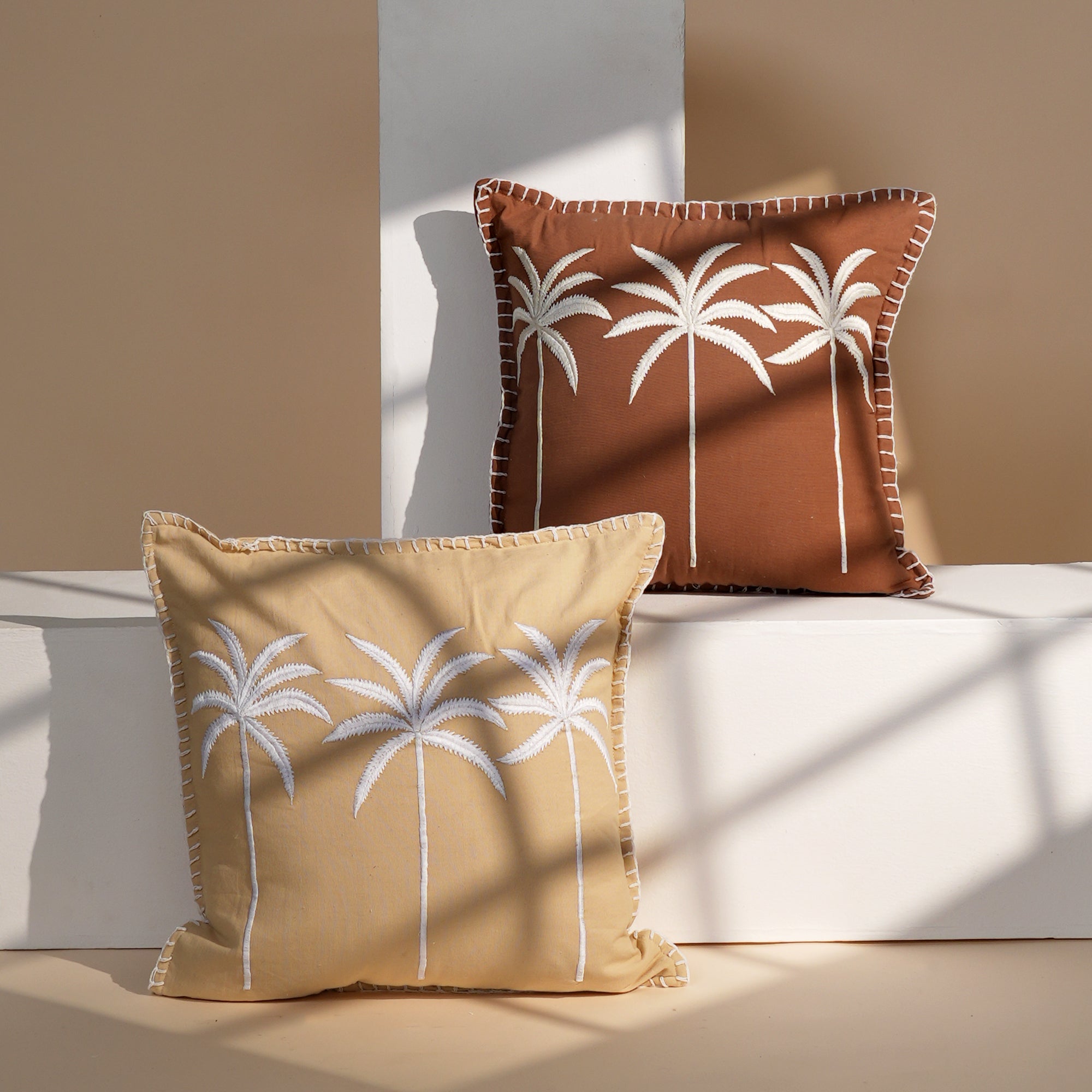 Palm Tree Embroidered Cotton Cushion with Filler 46cm