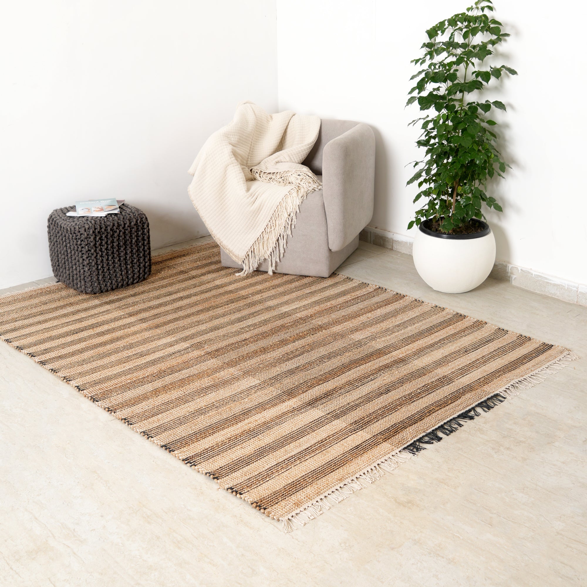 Hand Woven Striped Rug – Cotton & Jute | Natural