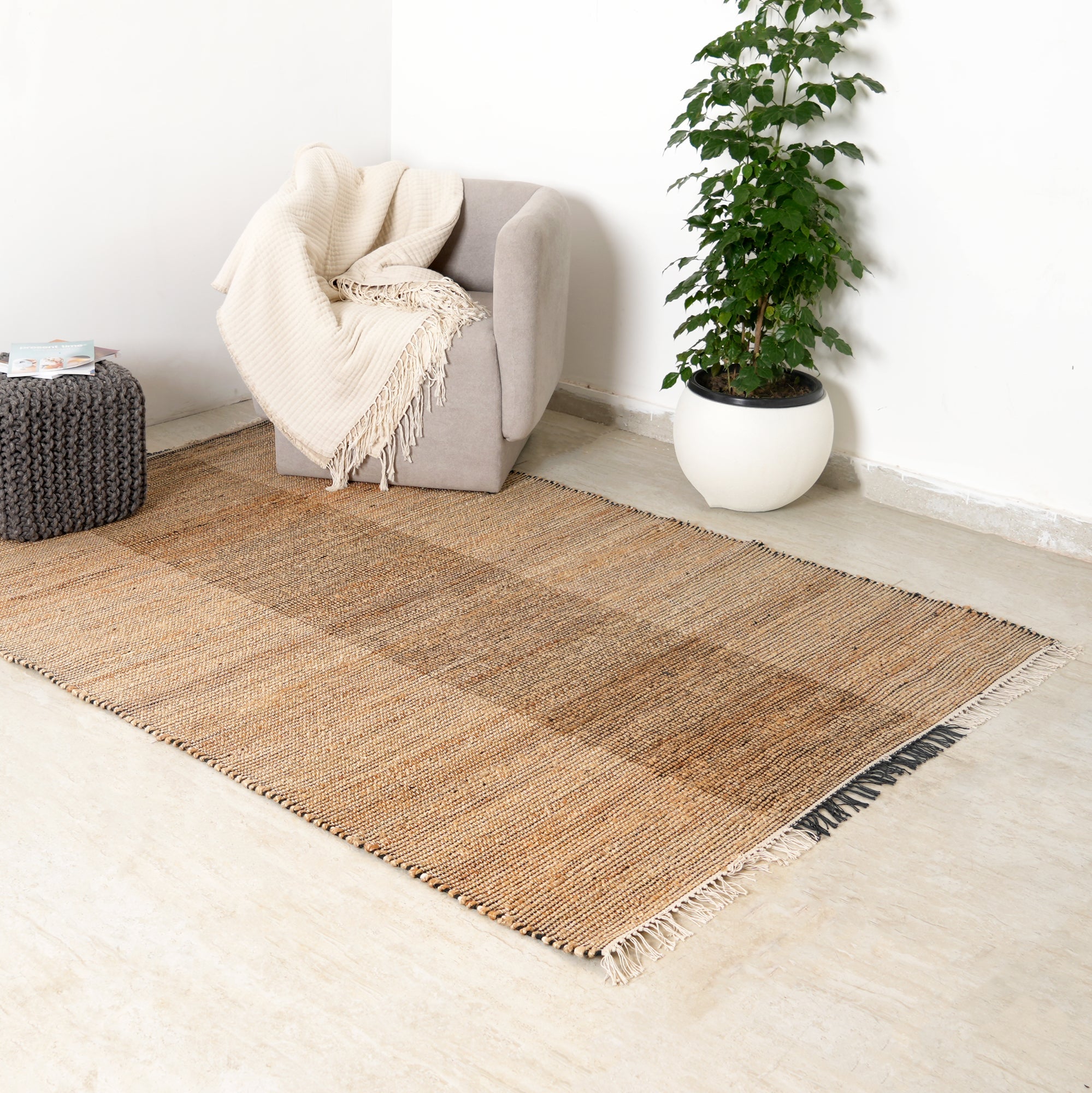 Hand Woven Herringbone Block Rug – Cotton & Jute | Natural