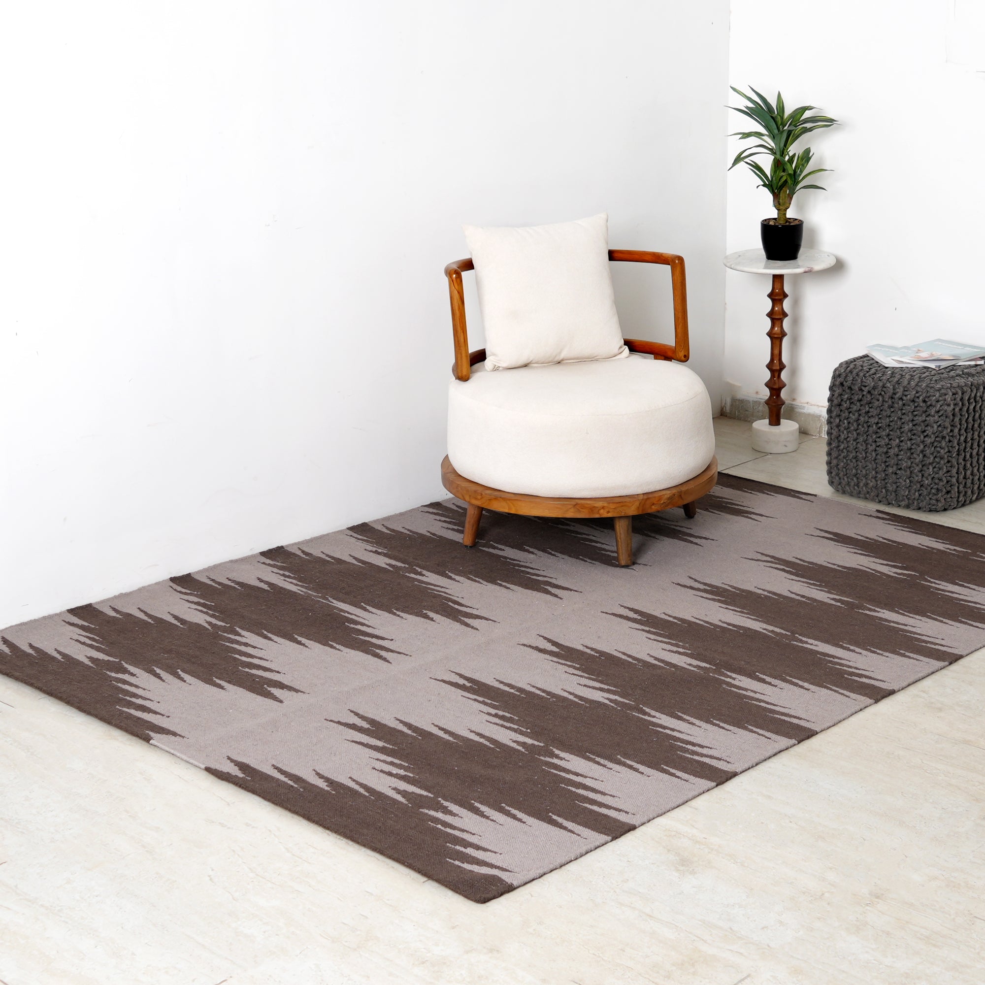 Hand Woven Ikkat Geometric Rug – Wool & Cotton | Natural Brown