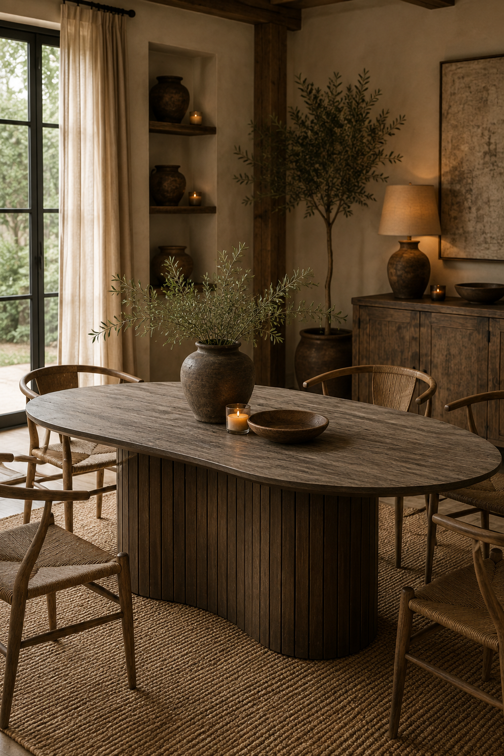 Organische tafel met ribbelvoet in landelijke eetkamer