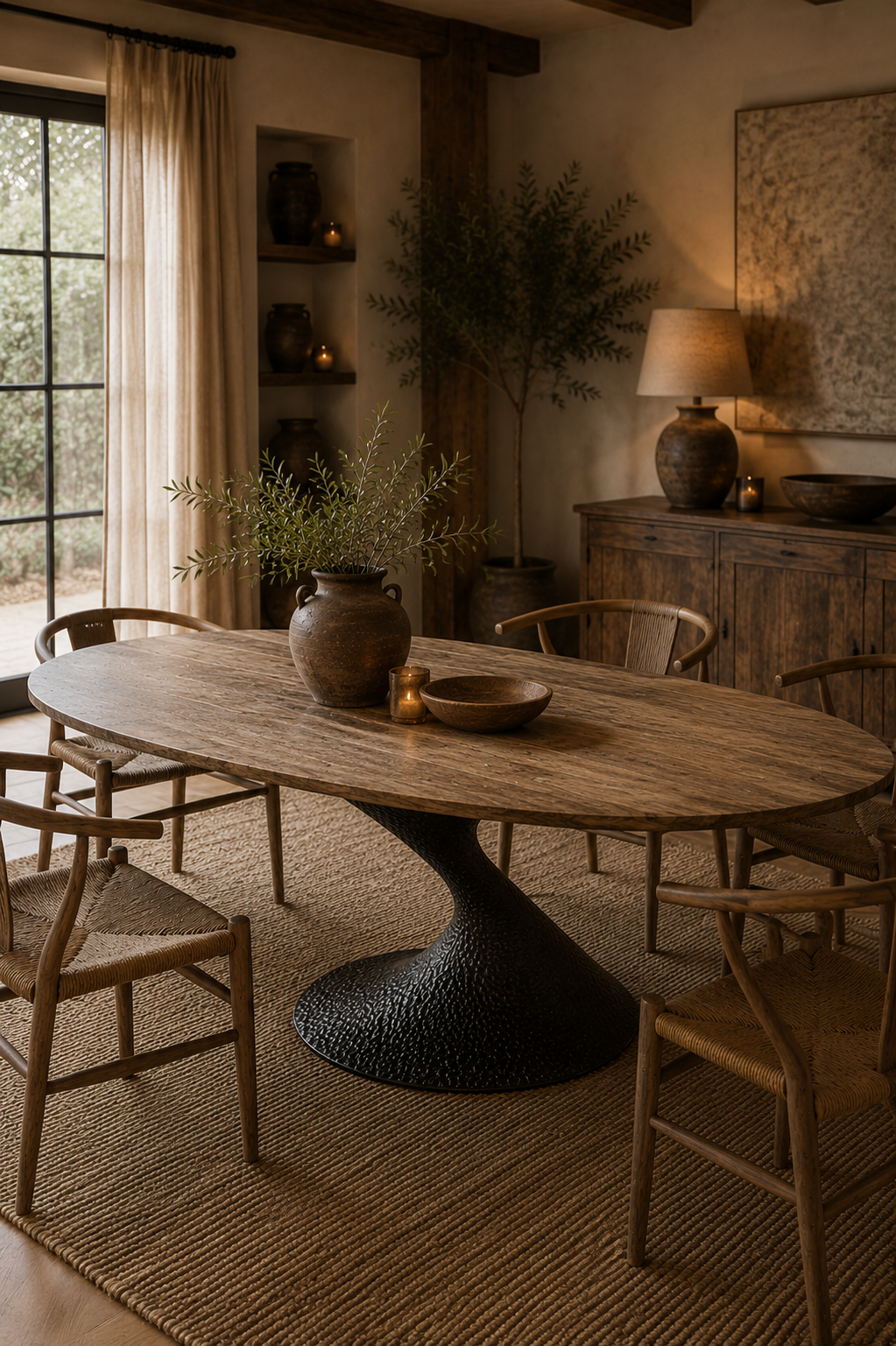 Ovale eettafel met gedraaide voet in landelijke eetkamer
