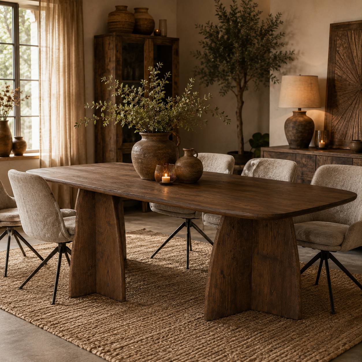 Deens ovale eettafel van donker hout in landelijke eetkamer