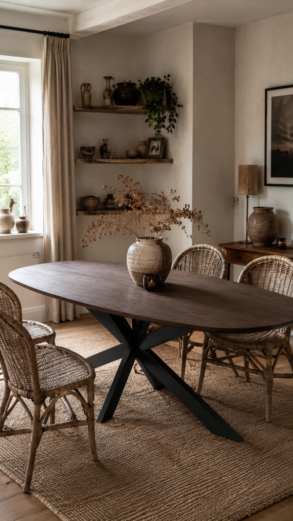 Deens ovale eettafel met zwarte spinpoot in landelijke eetkamer