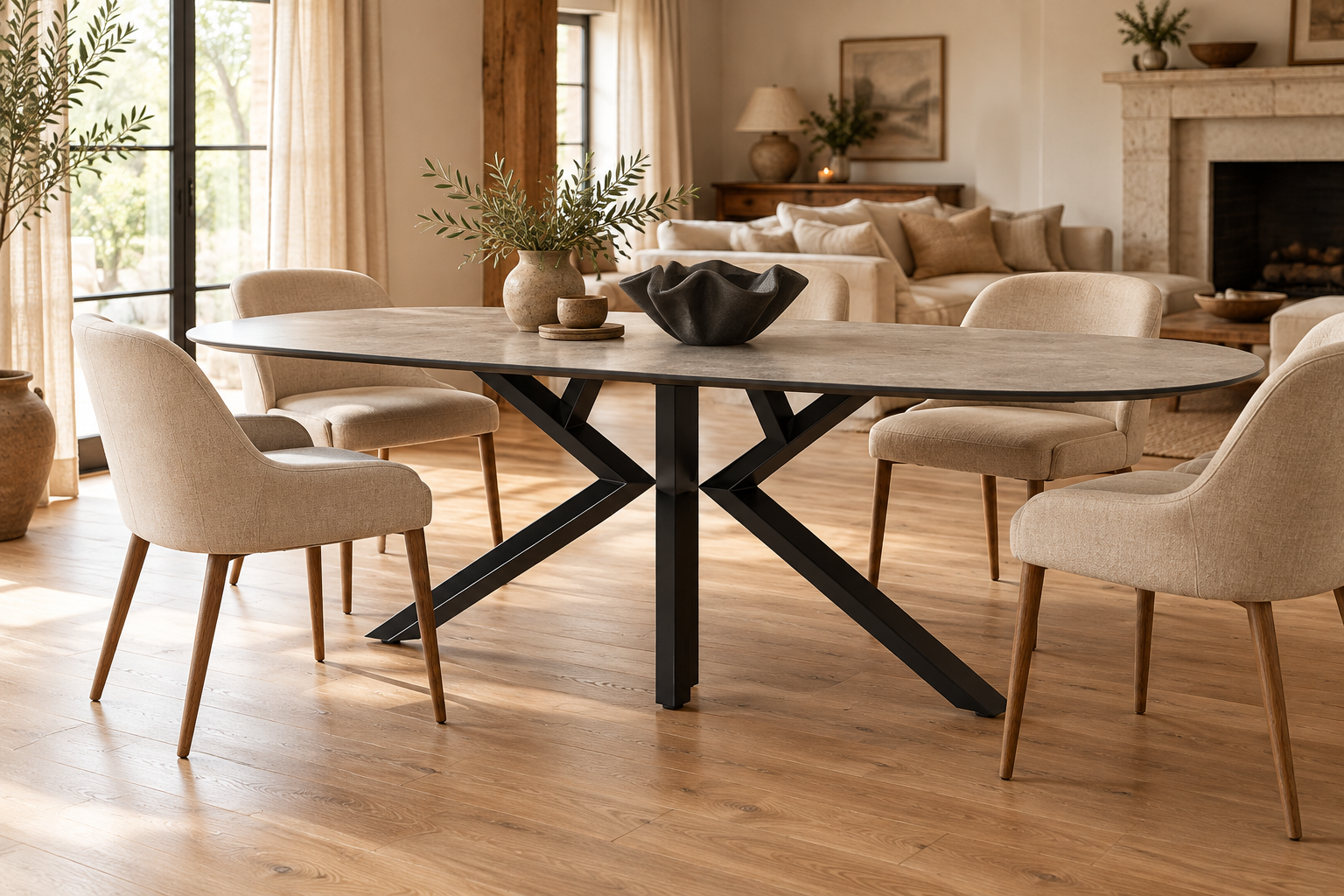 Deens ovale eettafel steenlook met zwarte spinpoot in landelijke woonkamer