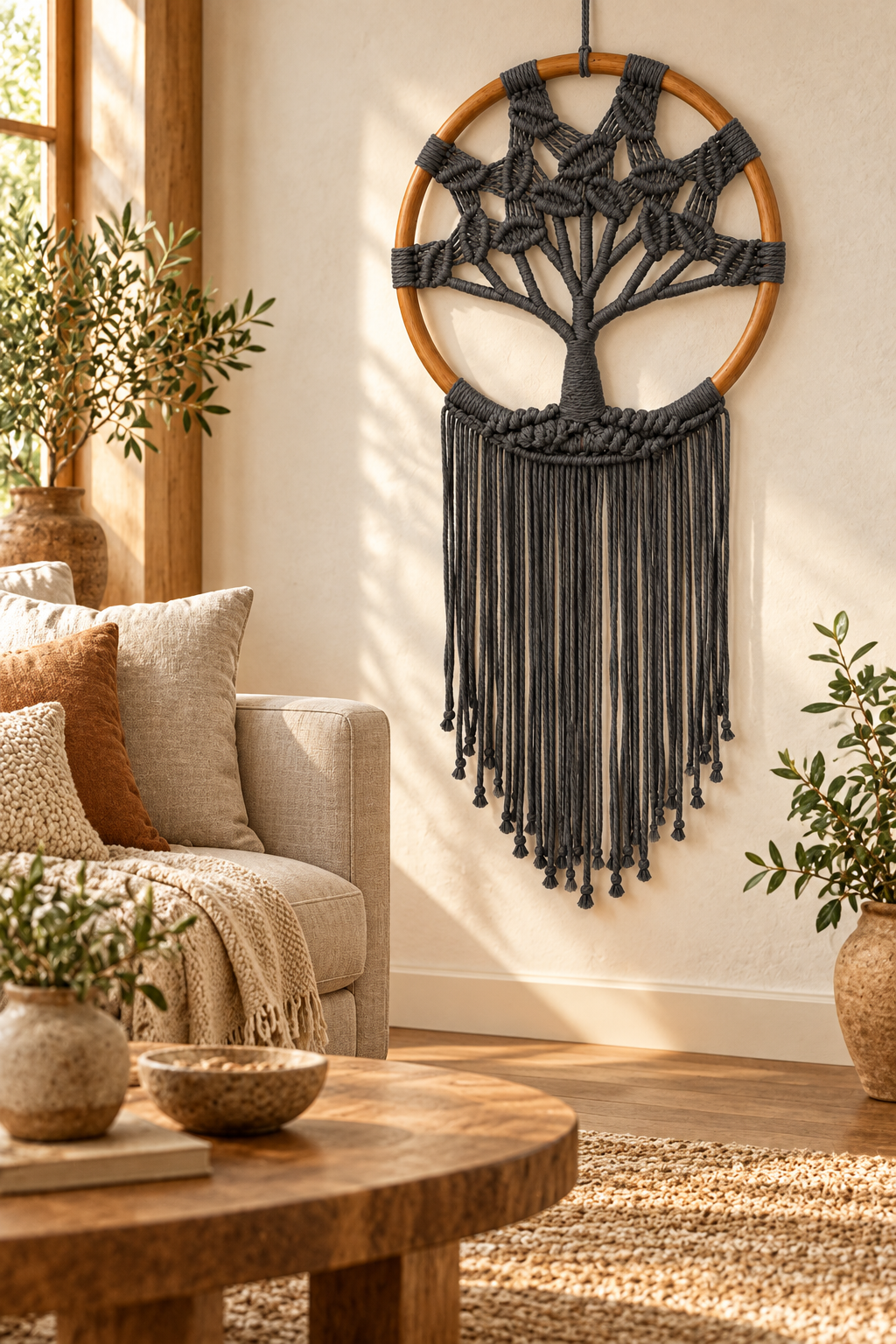Macramé wandhanger levensboom antraciet in woonkamer