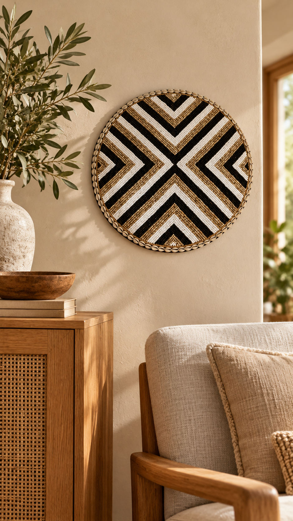 Wandhanger kralen zwart-wit-naturel grafisch met schelpen in woonkamer