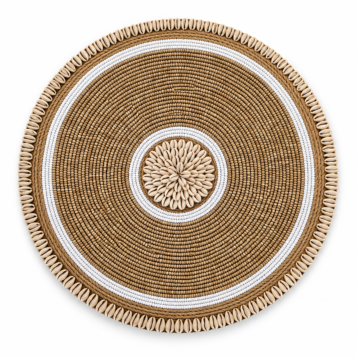 Wandhanger naturel kralen met witte ringen en schelpen