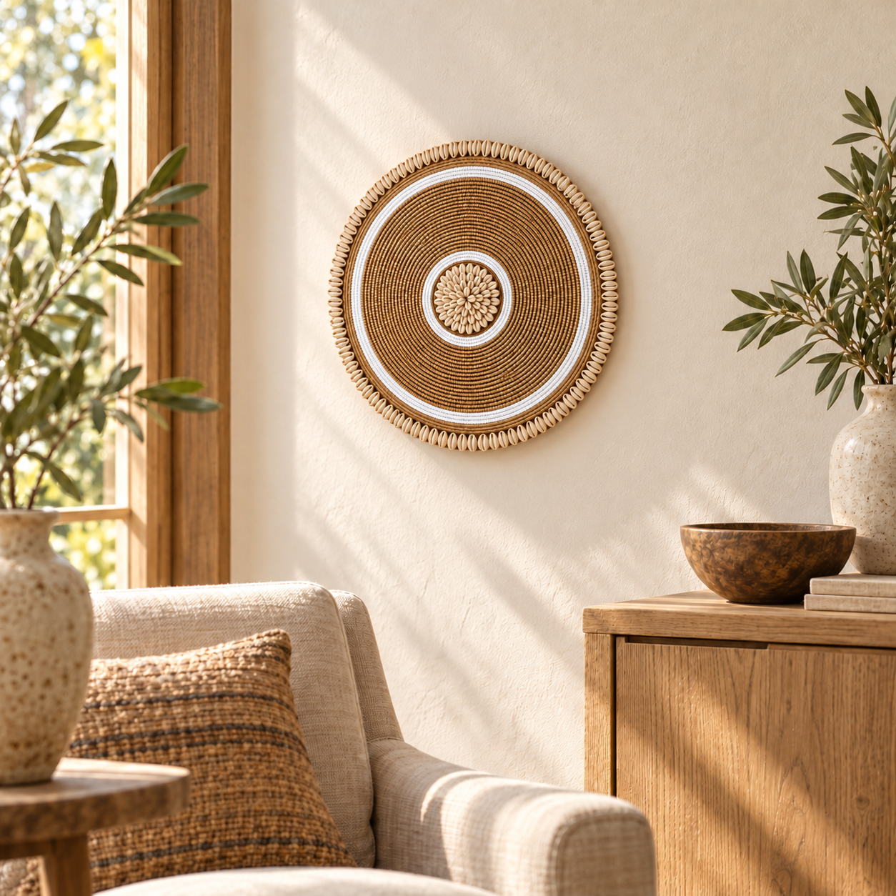 Wandhanger naturel kralen met witte ringen en schelpen in woonkamer