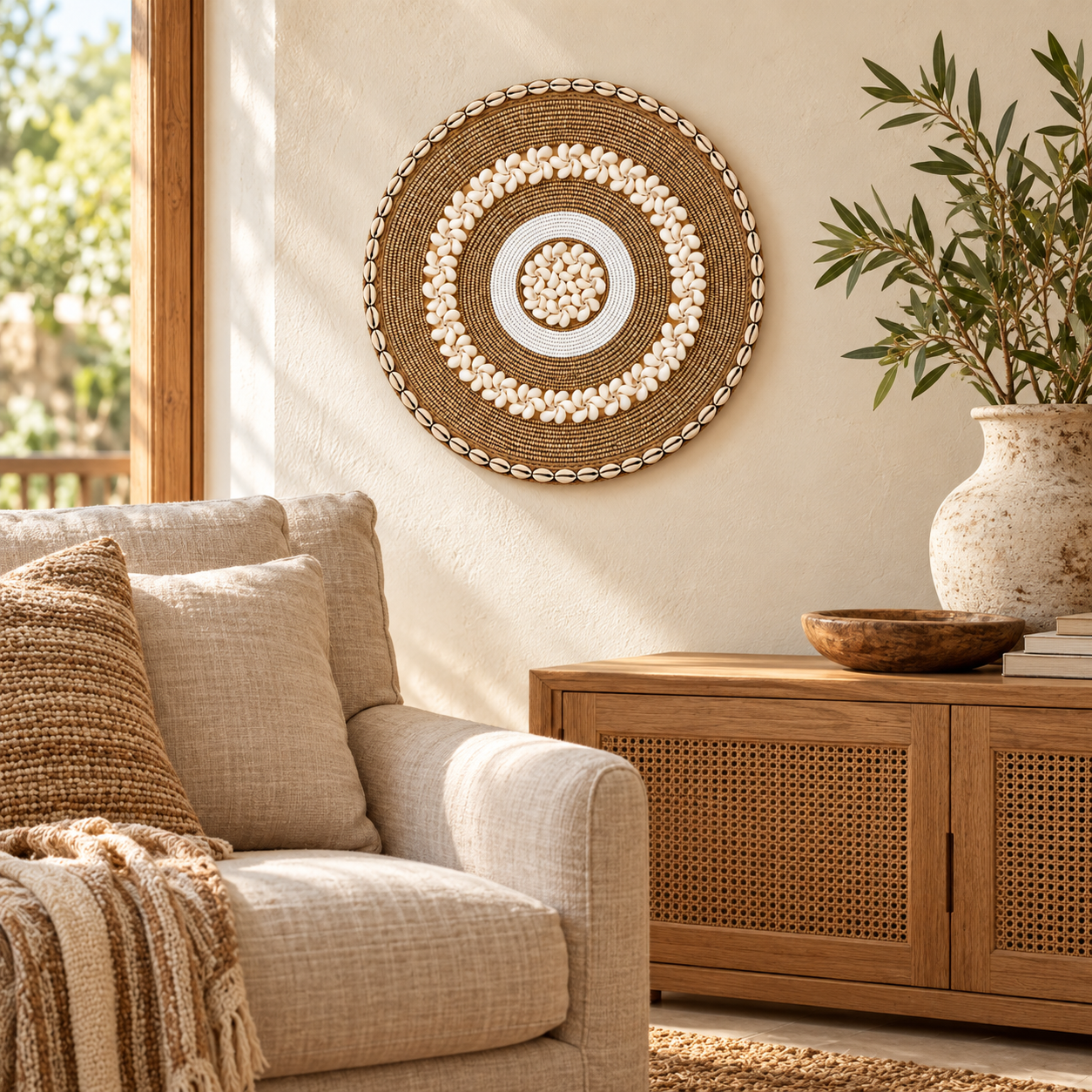 Wandhanger naturel kralen met schelpen in woonkamer