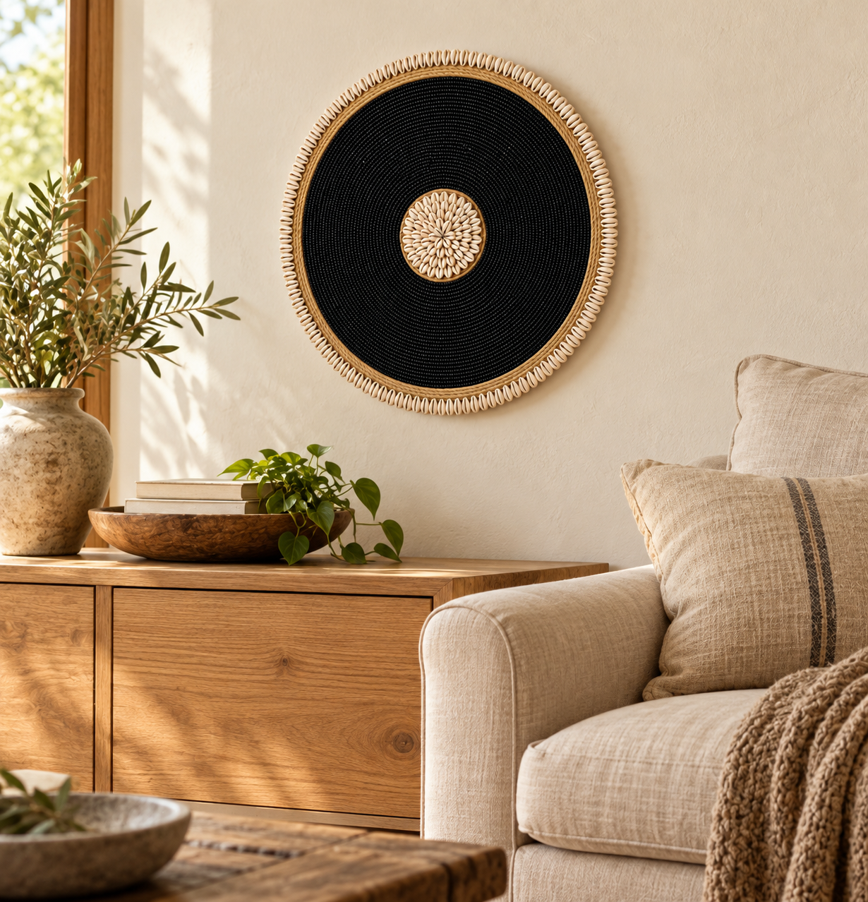 Wandhanger zwarte kralen met schelpen in woonkamer