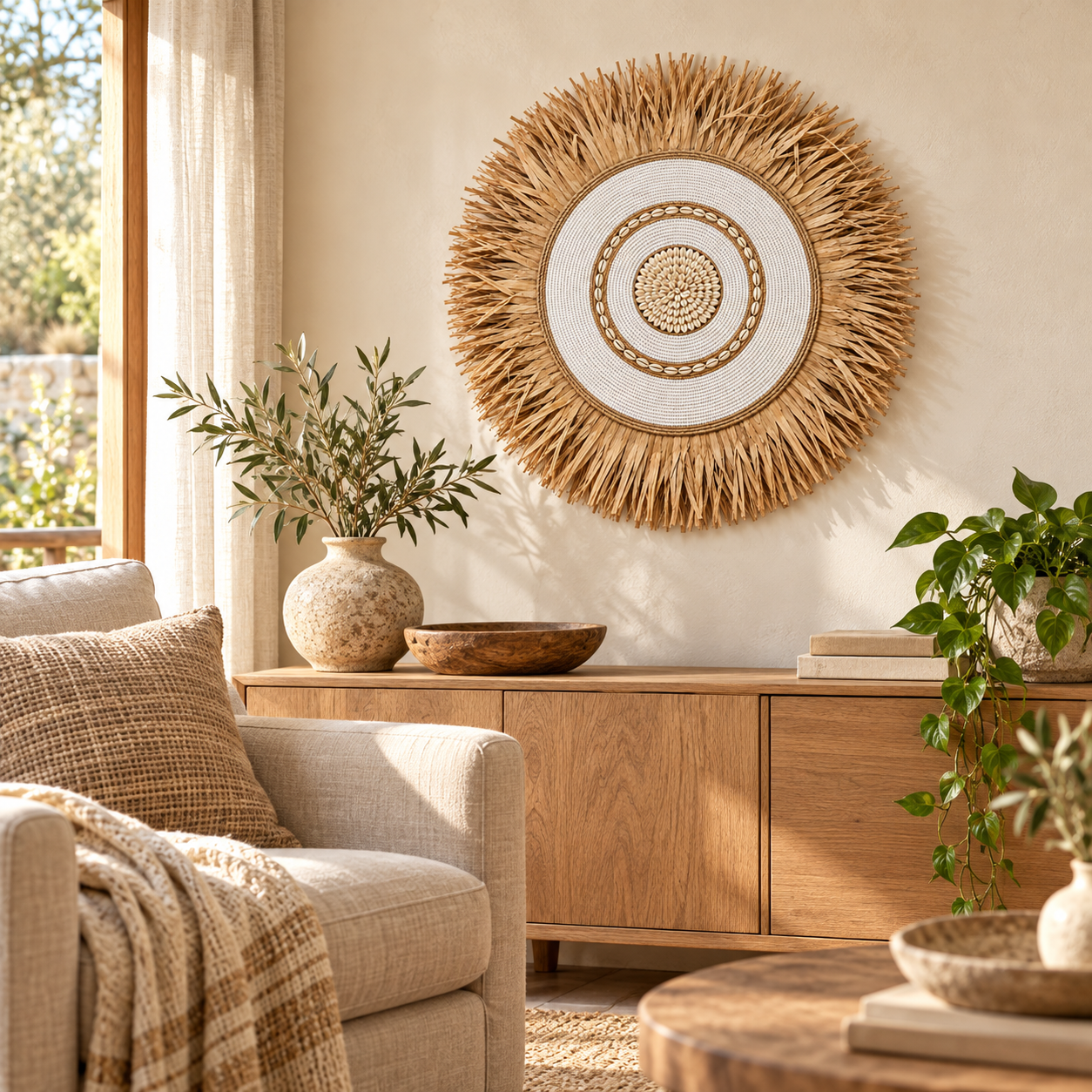 Raffia wandhanger met witte kralen en schelpen in woonkamer