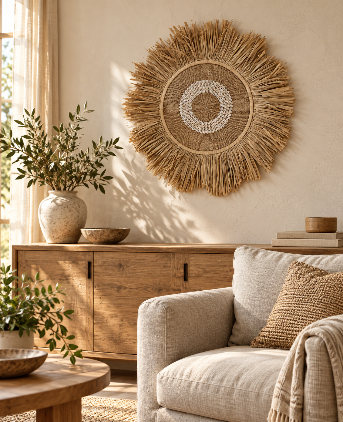 Raffia wandhanger met schelpen naturel in woonkamer