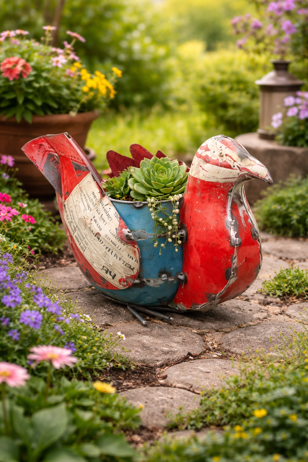 RECYCLED IRON PIGEON WITH POT