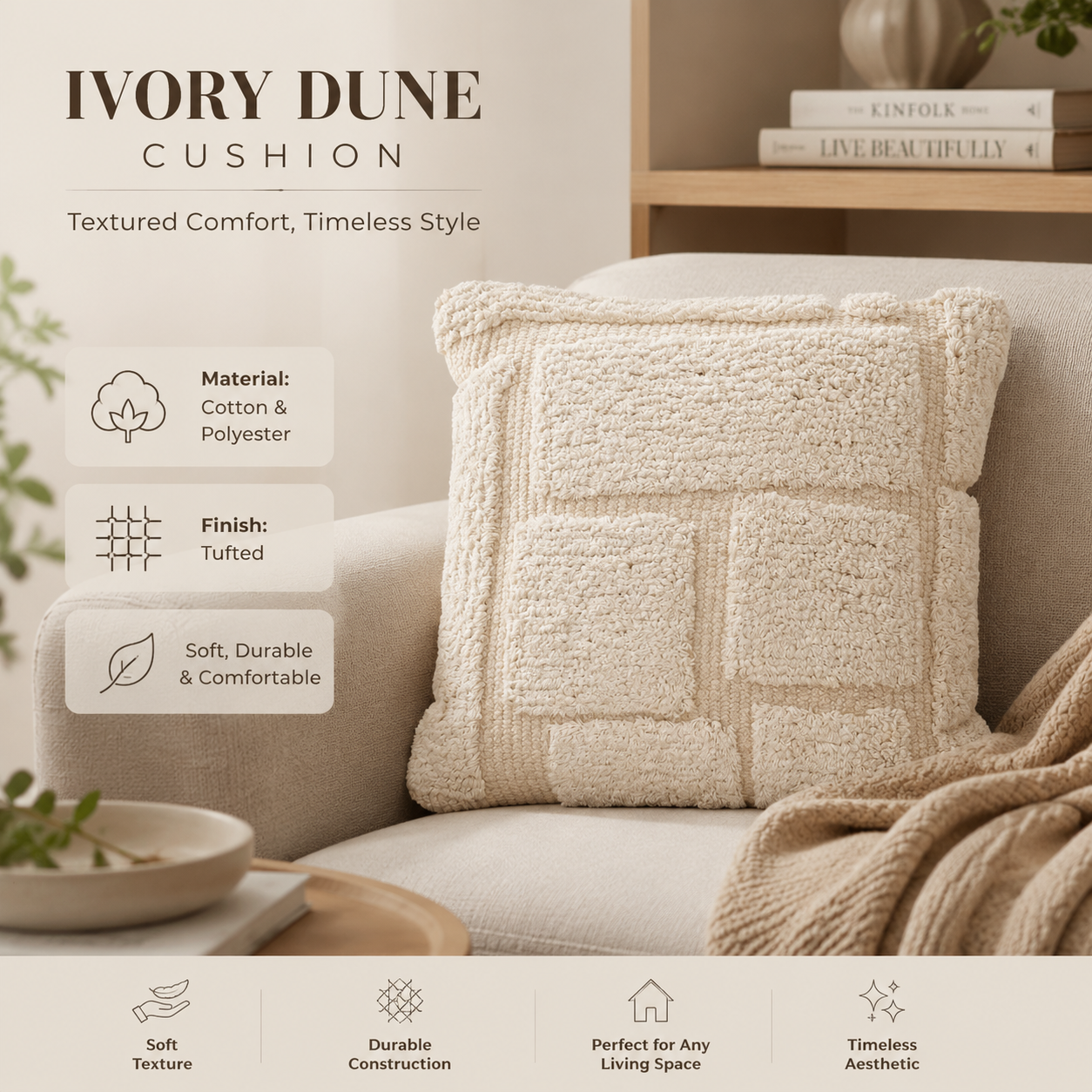 Ivory Dune Textured Tufted Cotton Cushion with Filler 46 cm