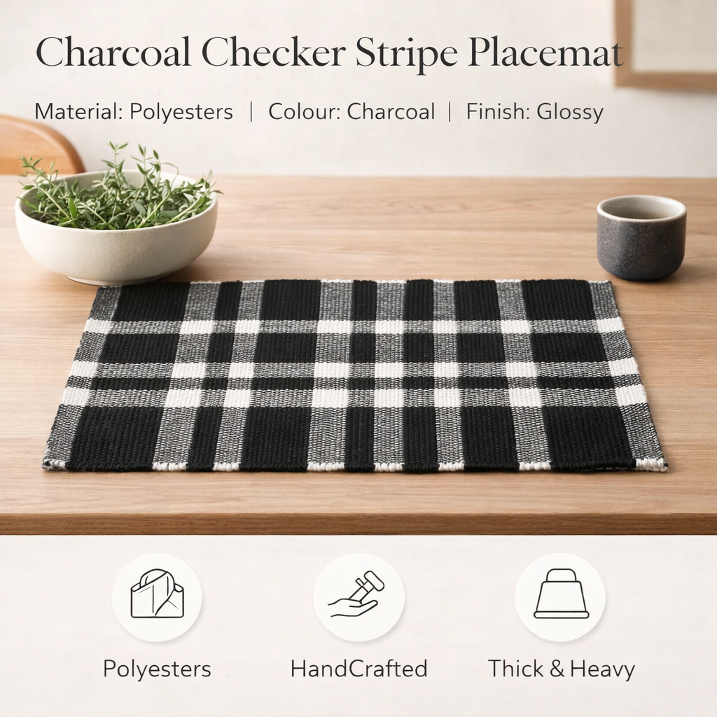 Charcoal Checker Placemat – Durable Polyester Table Mat for Dining and Kitchen