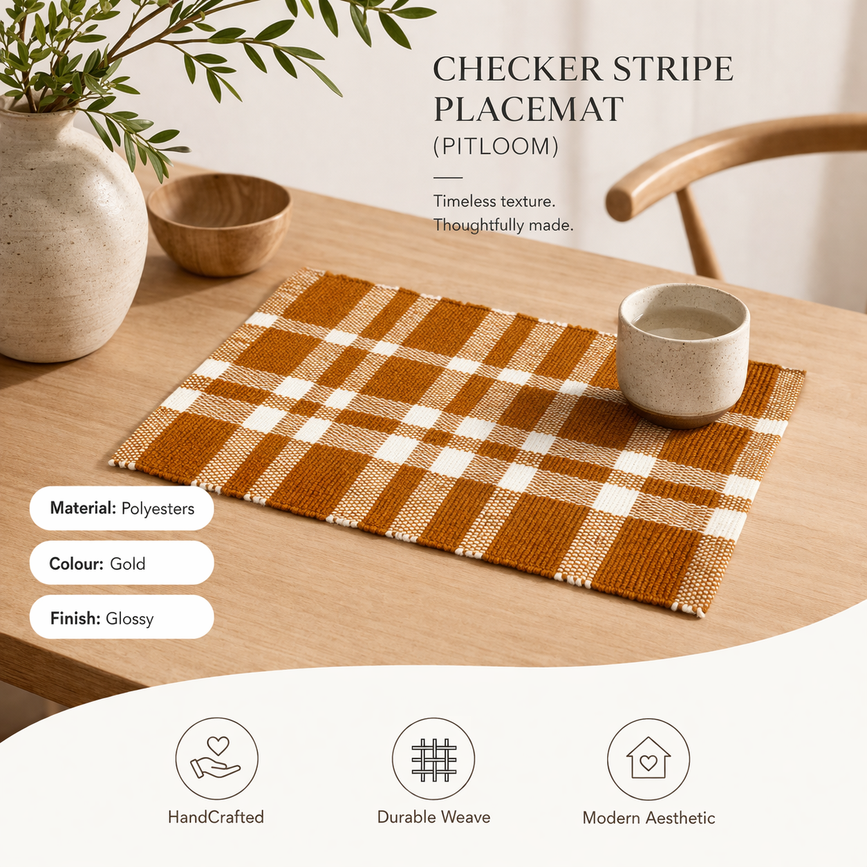 Gold Checker Placemat – Durable Polyester Table Mat for Elegant Dining