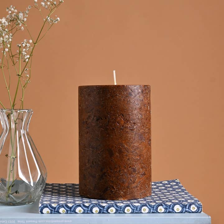 Lavender Rosemary Marble Pillar Candle – Sandstone Finish | Handcrafted Wax Candle with Soothing Lavender & Rosemary Aroma