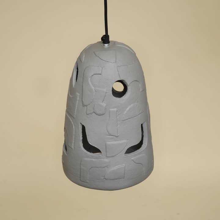 Handmade Petros Hanging Lamp – Elongated Grey Papier-Mâché Pendant Light