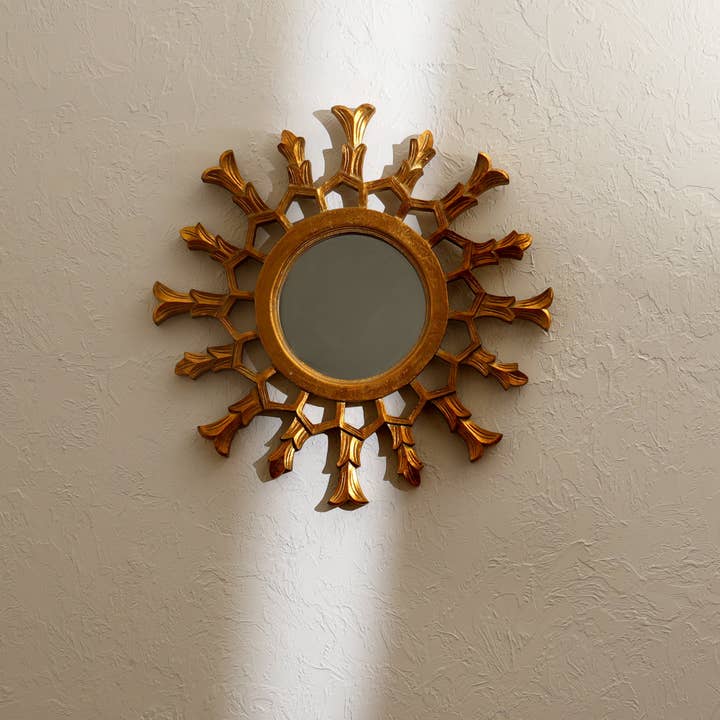 Hand-Carved Metallic Wooden Sunburst Wall Mirror - Decorative Statement Mirror for Living Room, Entryway & Bedroom Decor