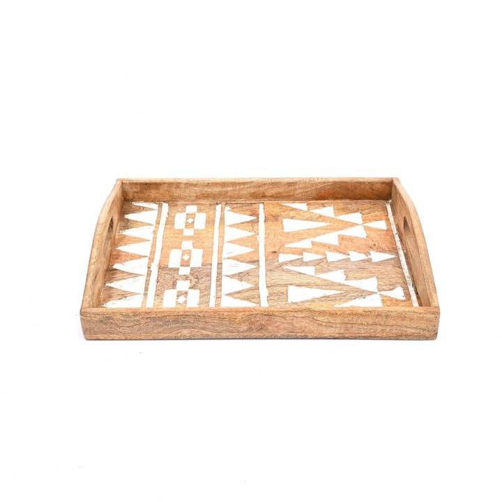 Matterhorn Carved Mango Wood Nesting Tray Set of 3 - Whitewashed Decorative Serving Trays for Home Decor